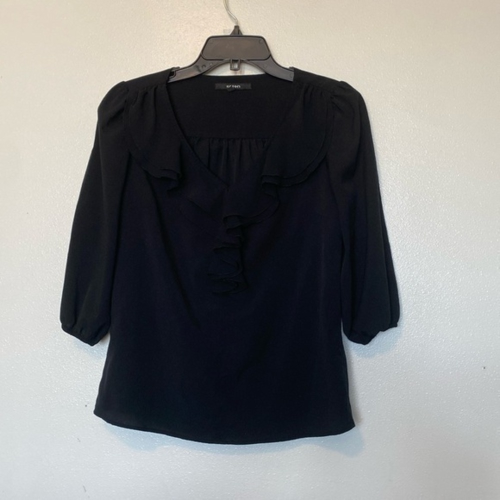 KOTON black front ruffled chiffon mid cinch sleeve pull over shirt size 8